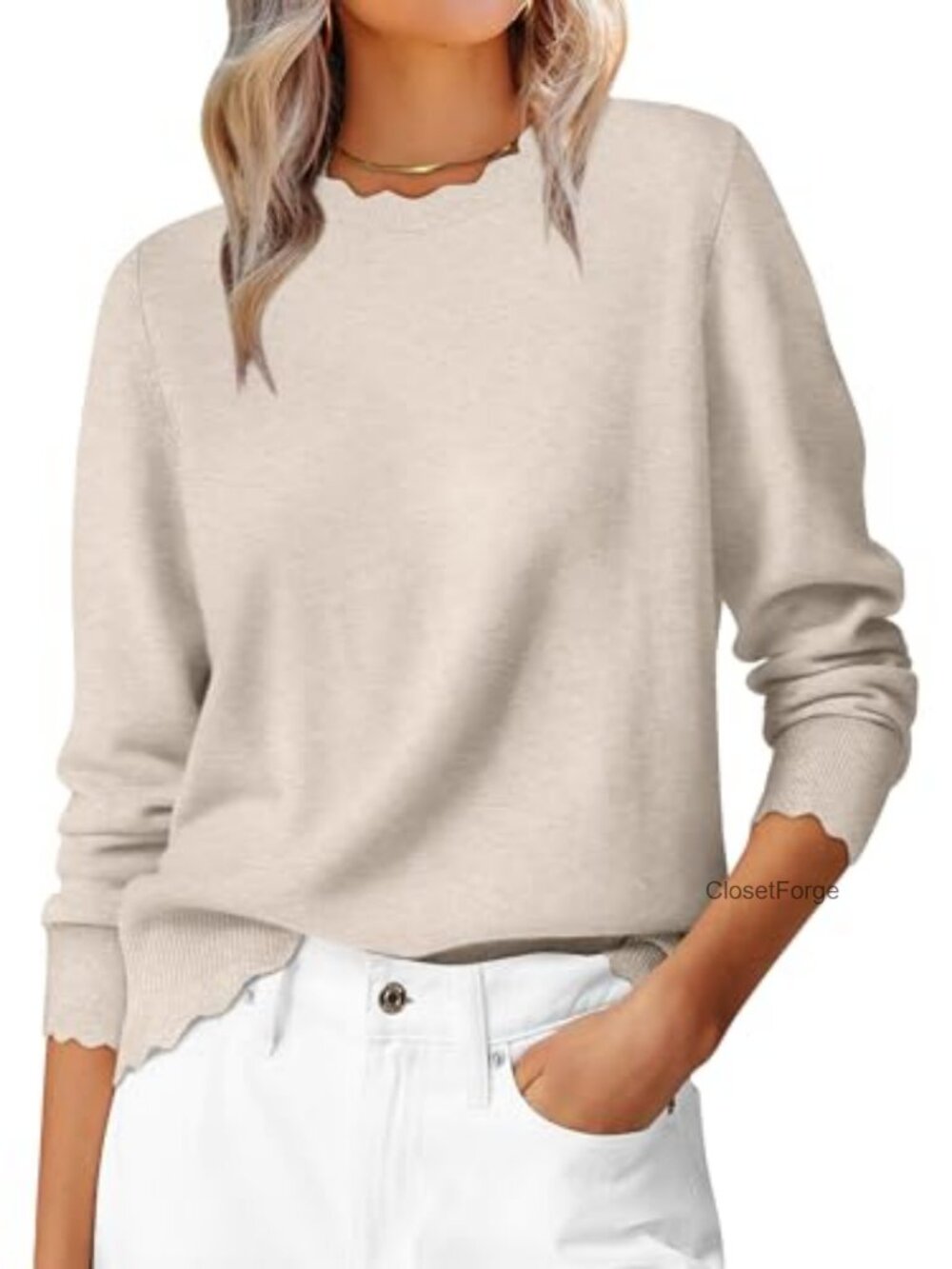 Women's Loose Fit Lightweight Knit Pullover Sweater Scallop Edge Long Sleeve